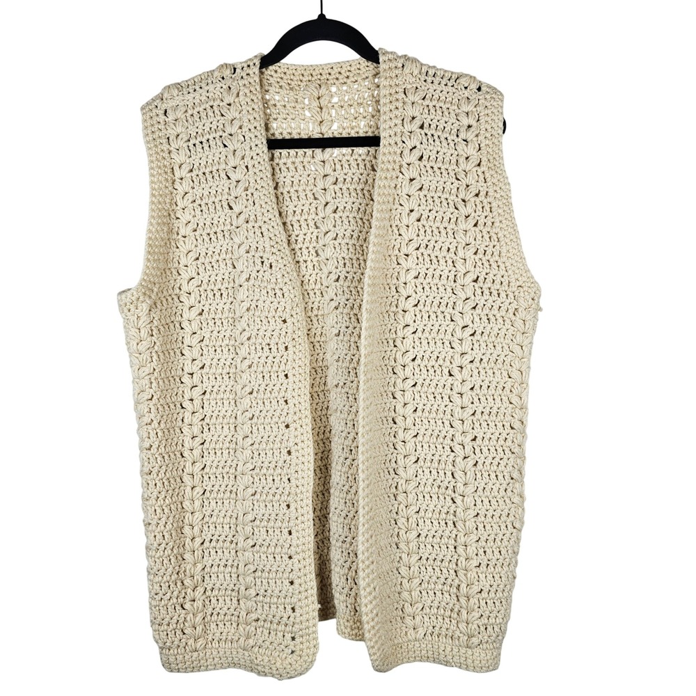 Handmade Crochet Vest Cream Ivory Boho Textured Puff Stitch‎ Open Front Large